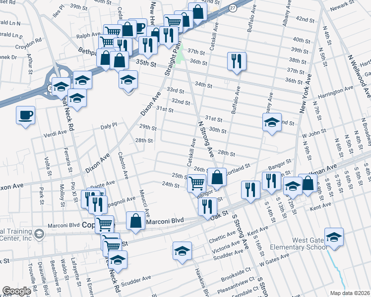 map of restaurants, bars, coffee shops, grocery stores, and more near 375 Catskill Avenue in Copiague