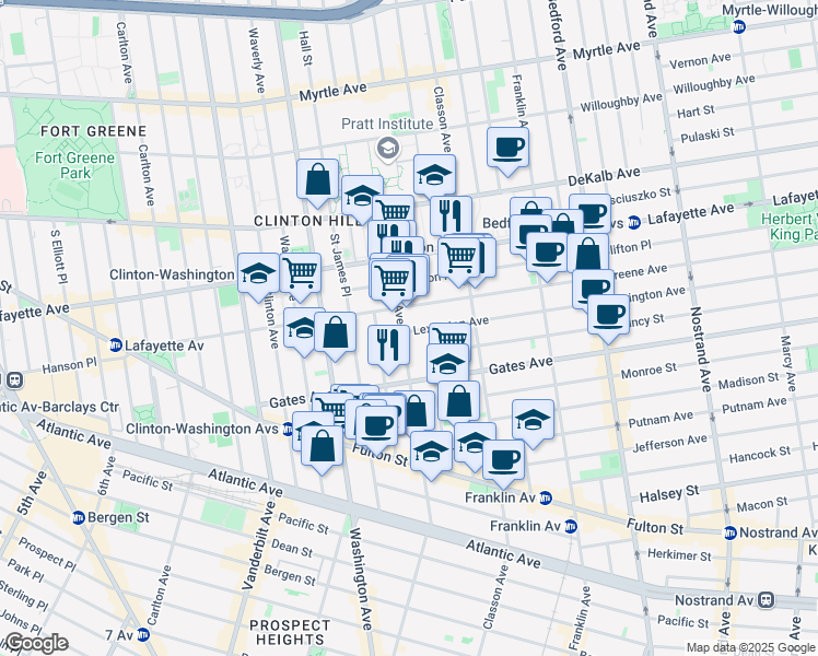 map of restaurants, bars, coffee shops, grocery stores, and more near 5 Lexington Avenue in Brooklyn