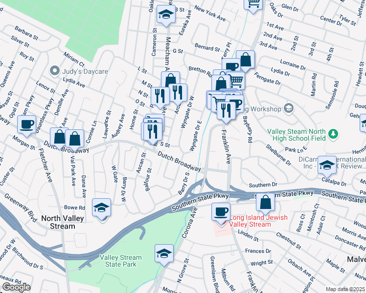 map of restaurants, bars, coffee shops, grocery stores, and more near 1278 Dutch Broadway in Valley Stream