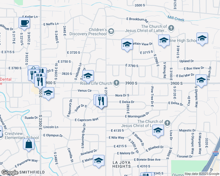 map of restaurants, bars, coffee shops, grocery stores, and more near 2721 Nora Drive South in Salt Lake City