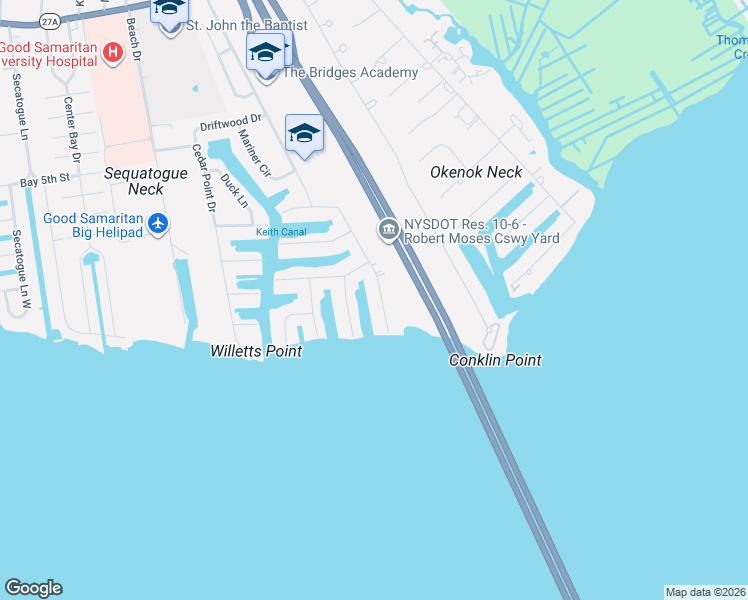 map of restaurants, bars, coffee shops, grocery stores, and more near 94 Anchorage Drive in West Islip