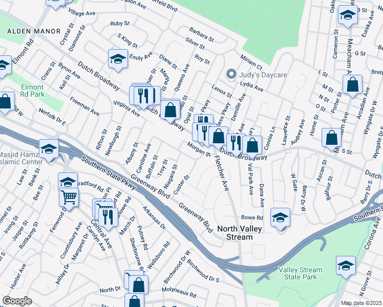 map of restaurants, bars, coffee shops, grocery stores, and more near 723 Caroline Avenue in Valley Stream
