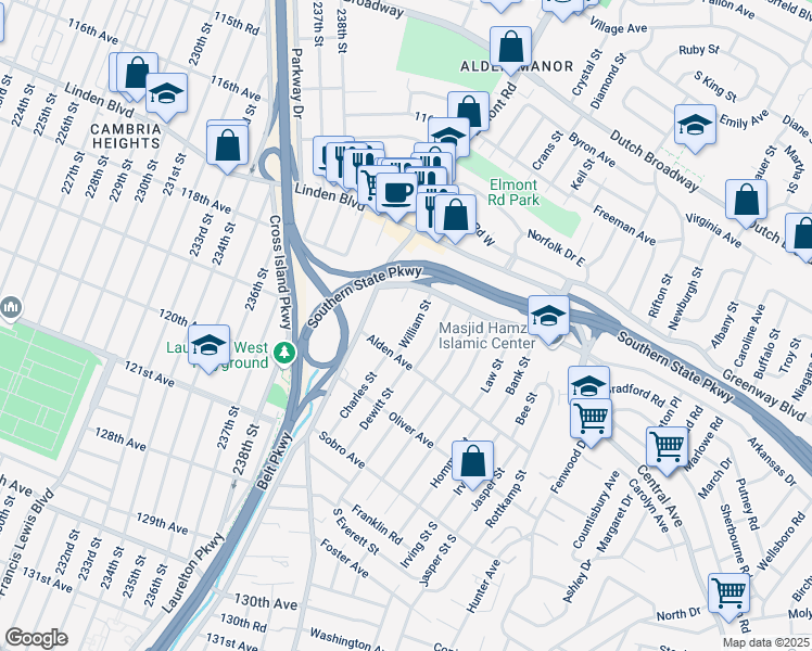map of restaurants, bars, coffee shops, grocery stores, and more near 16 William Street in Valley Stream