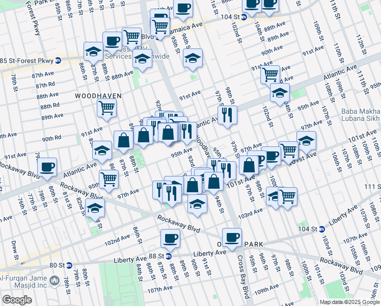 map of restaurants, bars, coffee shops, grocery stores, and more near in Queens
