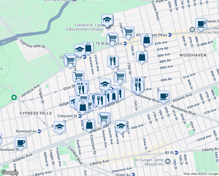 map of restaurants, bars, coffee shops, grocery stores, and more near 191 Nichols Avenue in Brooklyn