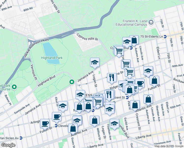 map of restaurants, bars, coffee shops, grocery stores, and more near 28 Logan Street in Brooklyn