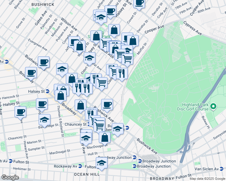 map of restaurants, bars, coffee shops, grocery stores, and more near 760 Chauncey Street in Brooklyn