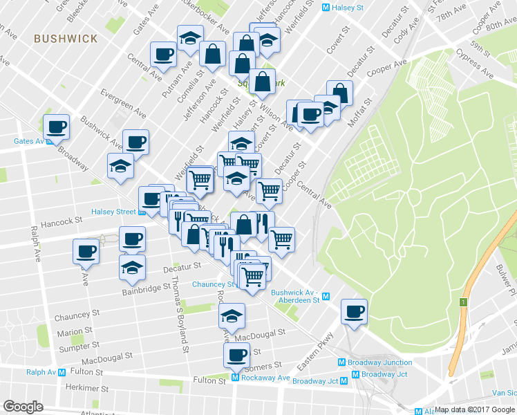map of restaurants, bars, coffee shops, grocery stores, and more near 83A Cooper Street in Brooklyn