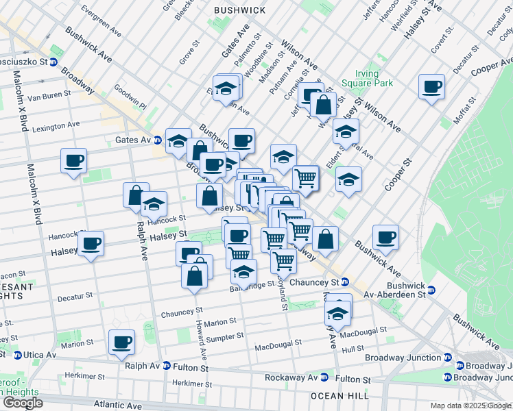 map of restaurants, bars, coffee shops, grocery stores, and more near 1567 Broadway in Brooklyn