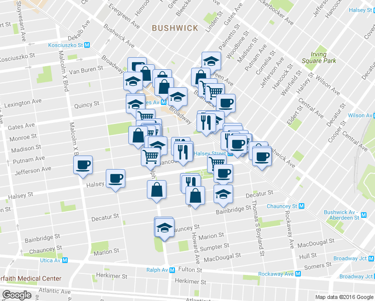 map of restaurants, bars, coffee shops, grocery stores, and more near 883 Hancock Street in Brooklyn