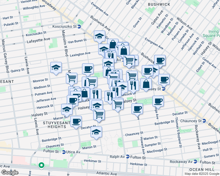 map of restaurants, bars, coffee shops, grocery stores, and more near 822 Jefferson Avenue in Brooklyn