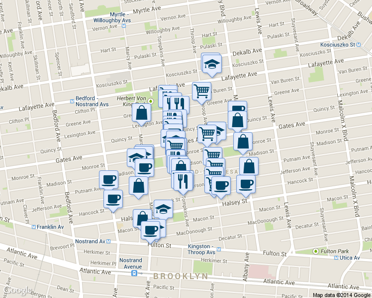 map of restaurants, bars, coffee shops, grocery stores, and more near 364 Monroe Street in Brooklyn