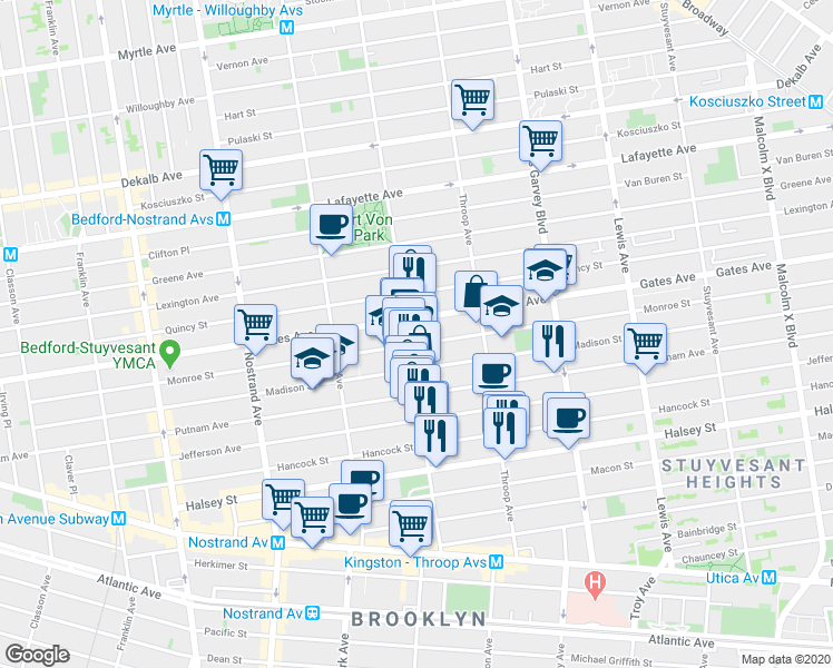 map of restaurants, bars, coffee shops, grocery stores, and more near 364 Monroe Street in Brooklyn