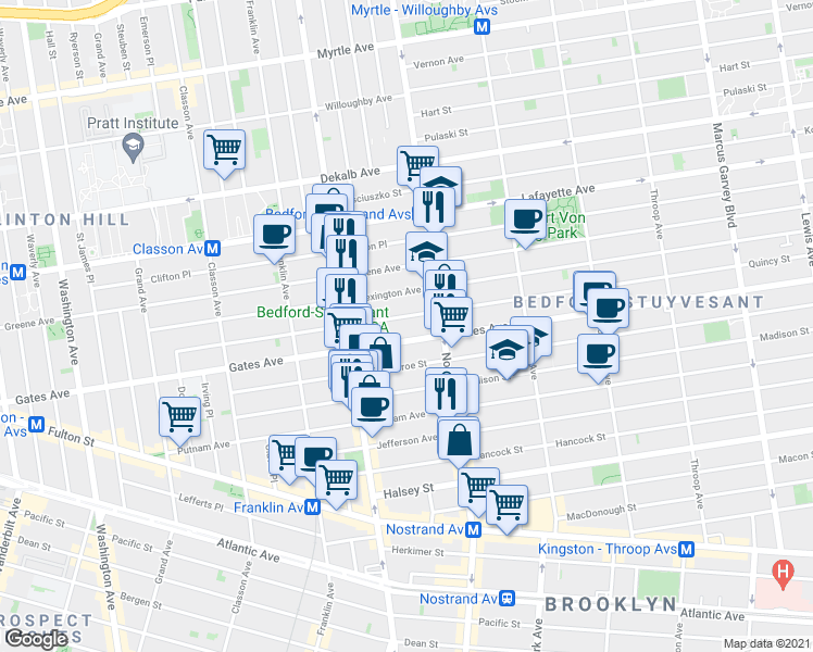 map of restaurants, bars, coffee shops, grocery stores, and more near 370 Gates Avenue in Brooklyn