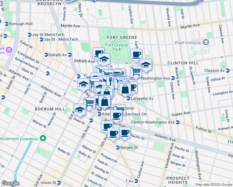 map of restaurants, bars, coffee shops, grocery stores, and more near 116 South Elliott Place in Brooklyn