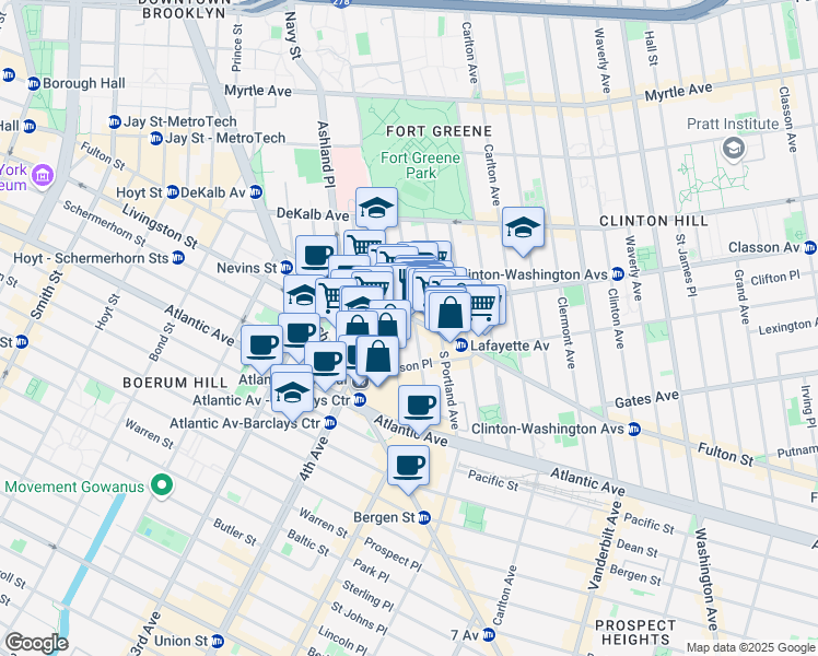 map of restaurants, bars, coffee shops, grocery stores, and more near 116 South Elliott Place in Brooklyn
