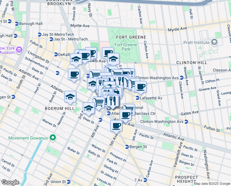 map of restaurants, bars, coffee shops, grocery stores, and more near 121 Saint Felix Street in Brooklyn