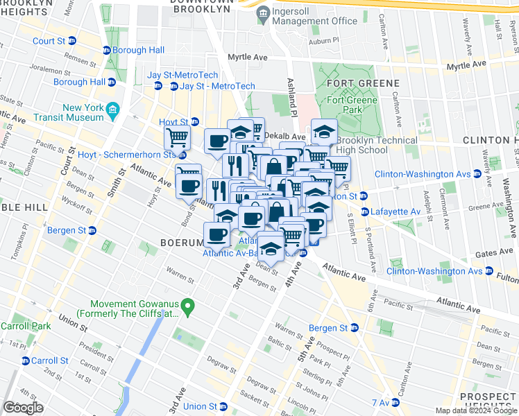 map of restaurants, bars, coffee shops, grocery stores, and more near 489 Atlantic Avenue in Brooklyn