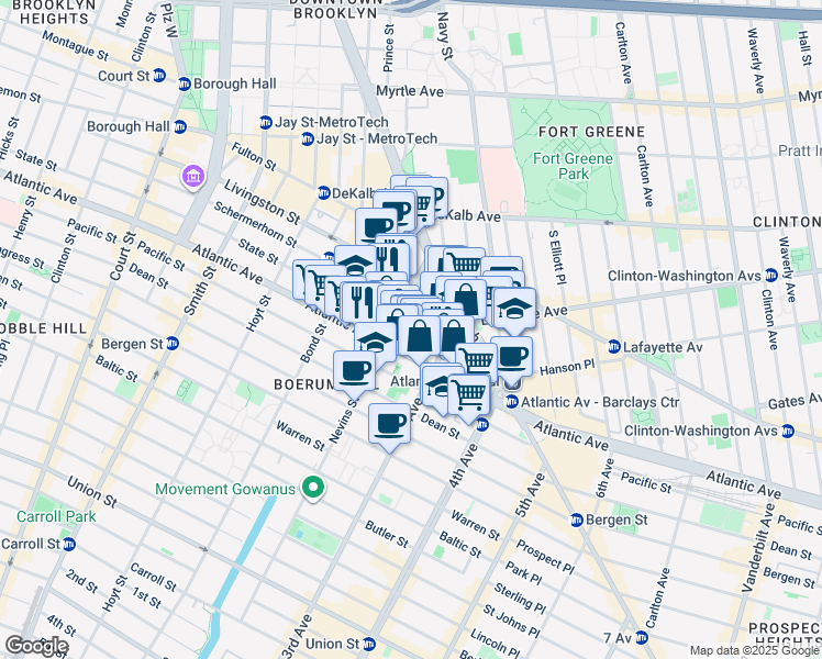 map of restaurants, bars, coffee shops, grocery stores, and more near 489 Atlantic Avenue in Brooklyn