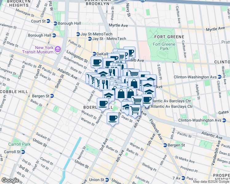 map of restaurants, bars, coffee shops, grocery stores, and more near 489 Atlantic Avenue in Brooklyn