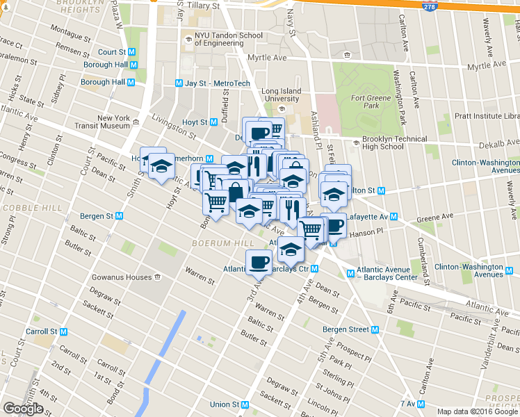 map of restaurants, bars, coffee shops, grocery stores, and more near 489 Atlantic Avenue in Brooklyn