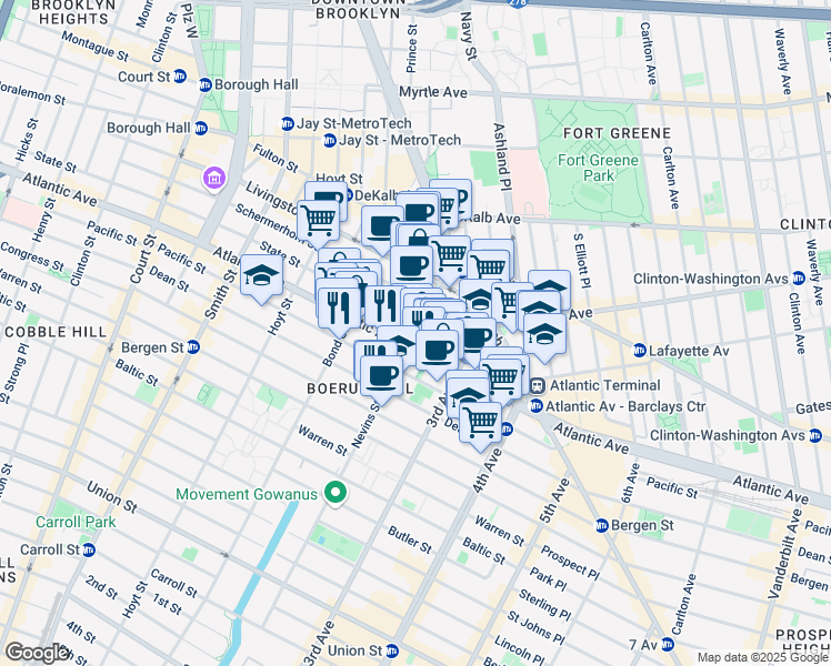 map of restaurants, bars, coffee shops, grocery stores, and more near 460 Atlantic Avenue in Brooklyn