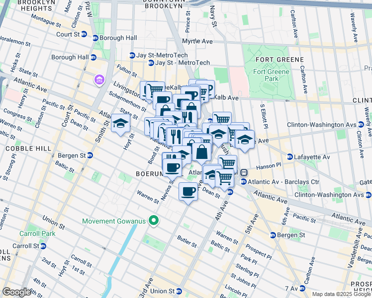 map of restaurants, bars, coffee shops, grocery stores, and more near 460 Atlantic Avenue in Brooklyn