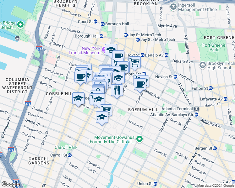map of restaurants, bars, coffee shops, grocery stores, and more near 128 Bergen Street in Brooklyn