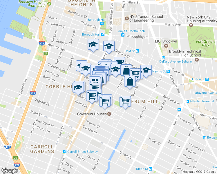 map of restaurants, bars, coffee shops, grocery stores, and more near 128 Bergen Street in Brooklyn