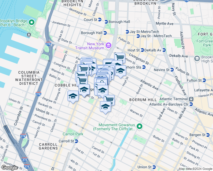 map of restaurants, bars, coffee shops, grocery stores, and more near 83 Wyckoff Street in Brooklyn