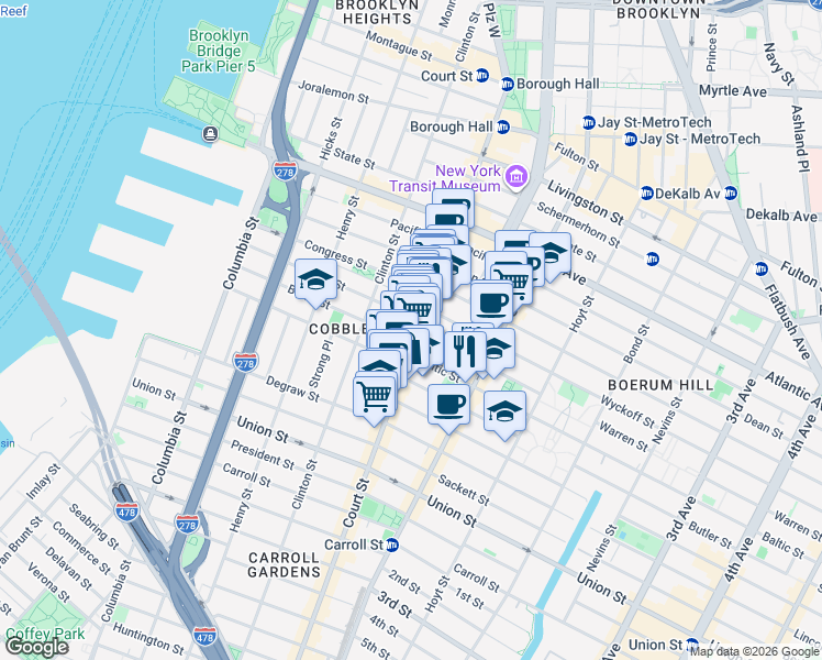 map of restaurants, bars, coffee shops, grocery stores, and more near in Brooklyn