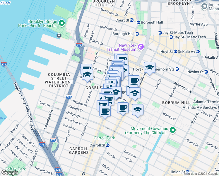 map of restaurants, bars, coffee shops, grocery stores, and more near 243 Kane Street in Brooklyn