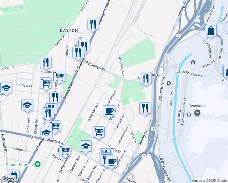 map of restaurants, bars, coffee shops, grocery stores, and more near 1100 Madison Avenue in Elizabeth