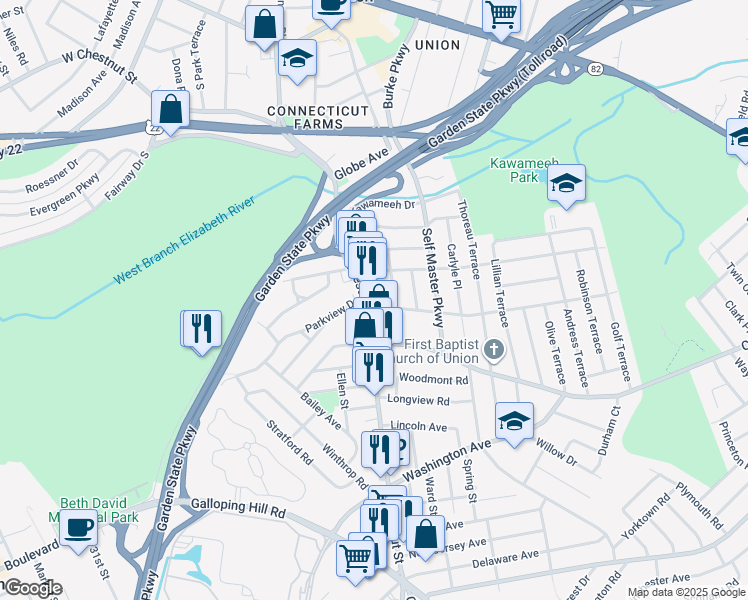 map of restaurants, bars, coffee shops, grocery stores, and more near 596 Chestnut Street in Union