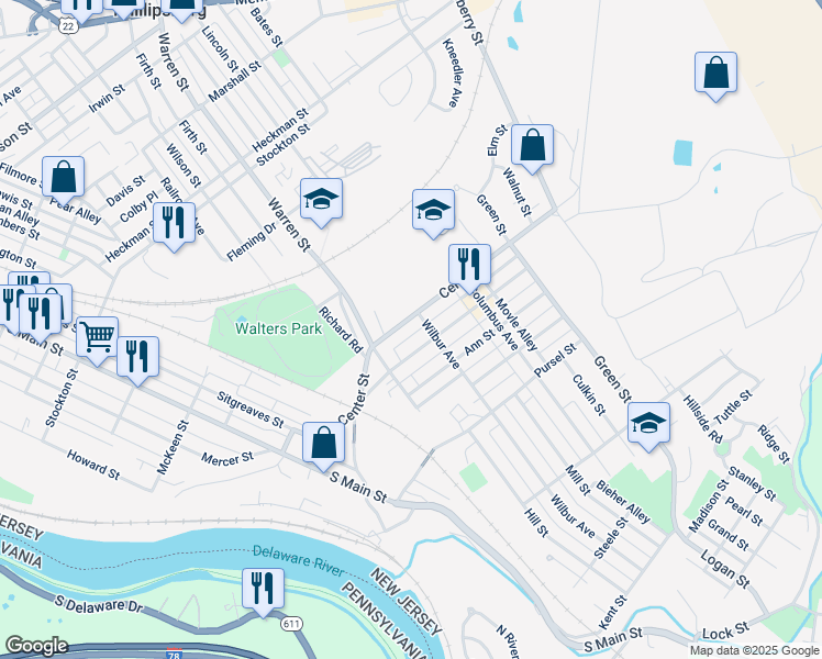 map of restaurants, bars, coffee shops, grocery stores, and more near 320 Center Street in Phillipsburg