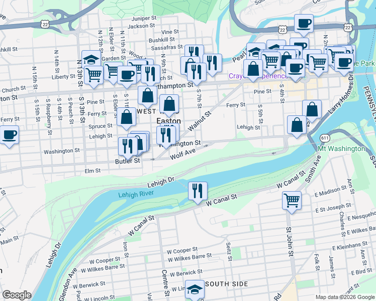 map of restaurants, bars, coffee shops, grocery stores, and more near 734 Wolf Avenue in Easton