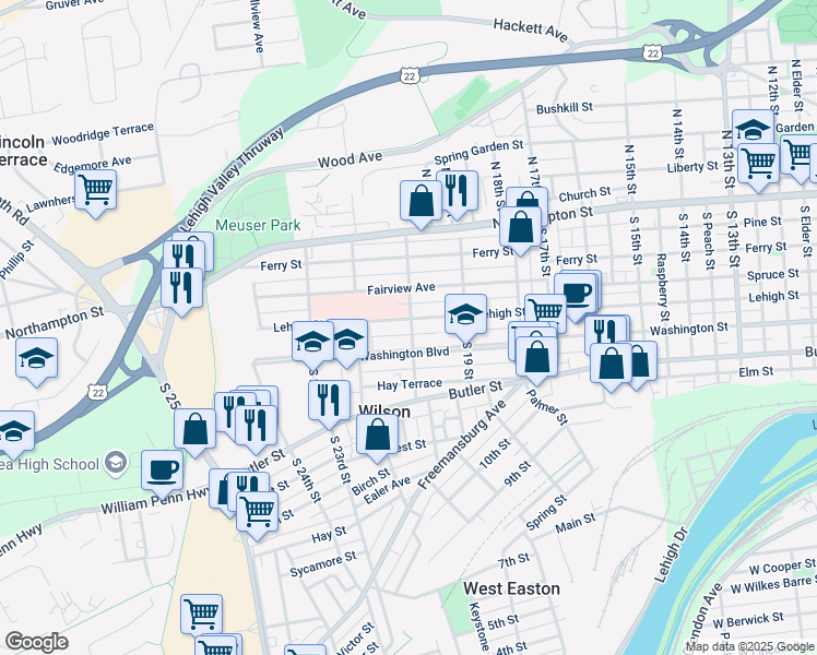 map of restaurants, bars, coffee shops, grocery stores, and more near 2005 Washington Boulevard in Easton