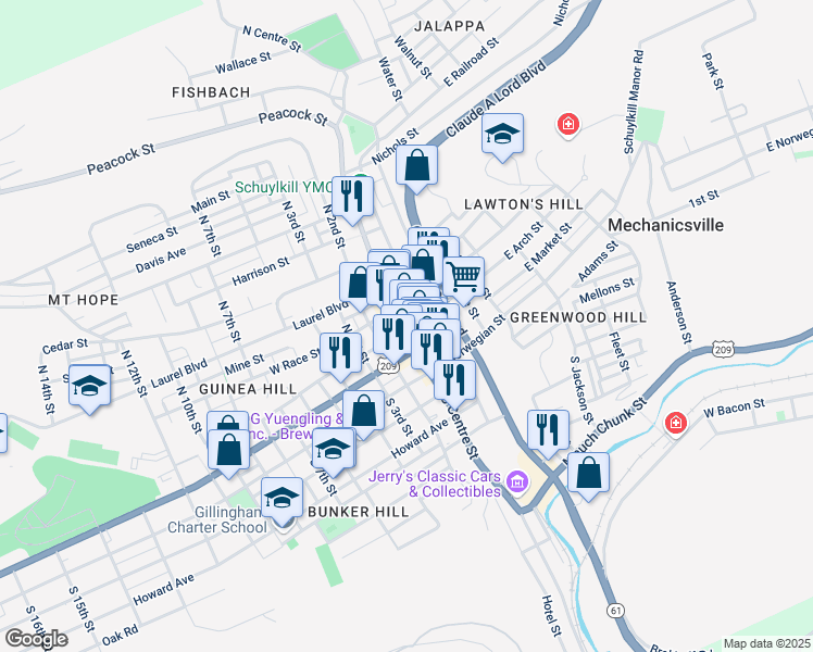 map of restaurants, bars, coffee shops, grocery stores, and more near 212 North Centre Street in Pottsville