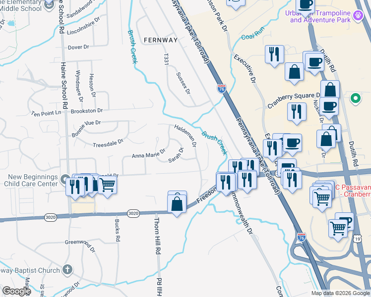map of restaurants, bars, coffee shops, grocery stores, and more near 402 Pebble Creek Drive in Cranberry Township