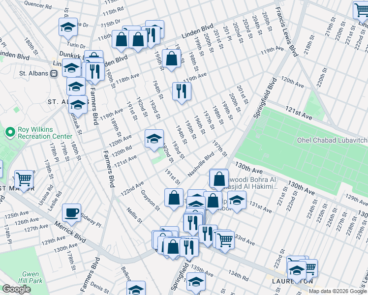 map of restaurants, bars, coffee shops, grocery stores, and more near 121-28 194th Street in Queens