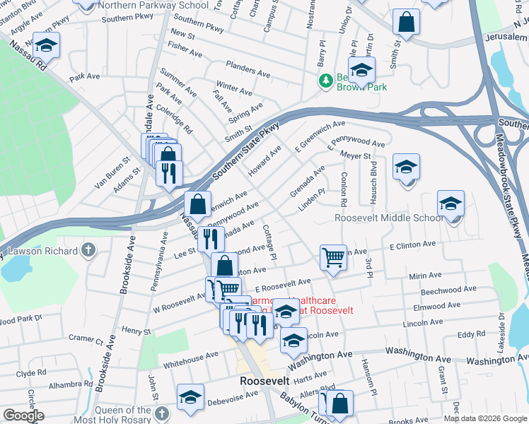 map of restaurants, bars, coffee shops, grocery stores, and more near 58 Cottage Place in Roosevelt