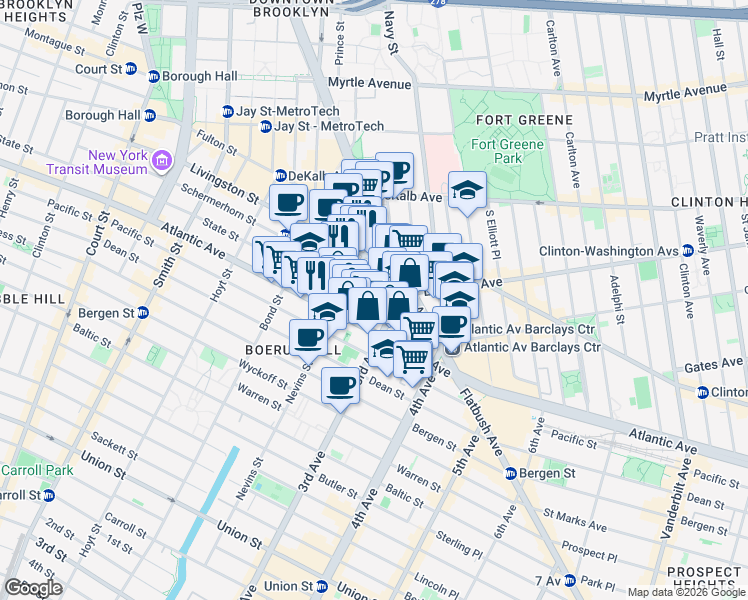 map of restaurants, bars, coffee shops, grocery stores, and more near 489 Atlantic Avenue in Brooklyn