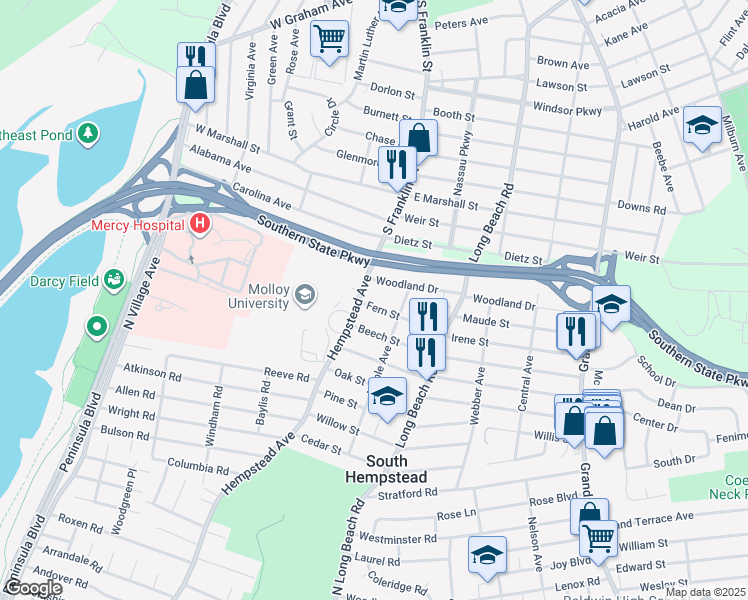 map of restaurants, bars, coffee shops, grocery stores, and more near 322 Fern Street in South Hempstead