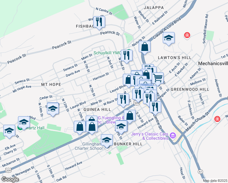 map of restaurants, bars, coffee shops, grocery stores, and more near 405 Laurel Boulevard in Pottsville