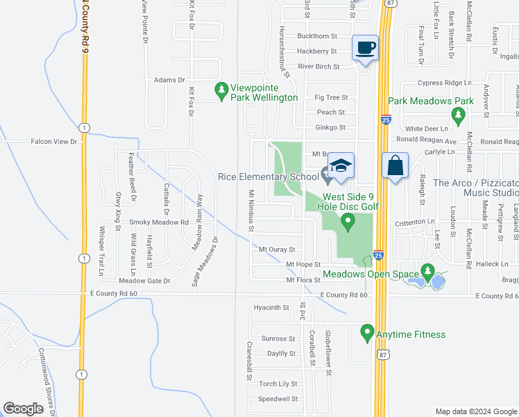 map of restaurants, bars, coffee shops, grocery stores, and more near 3653 Mount Meeker Street in Wellington