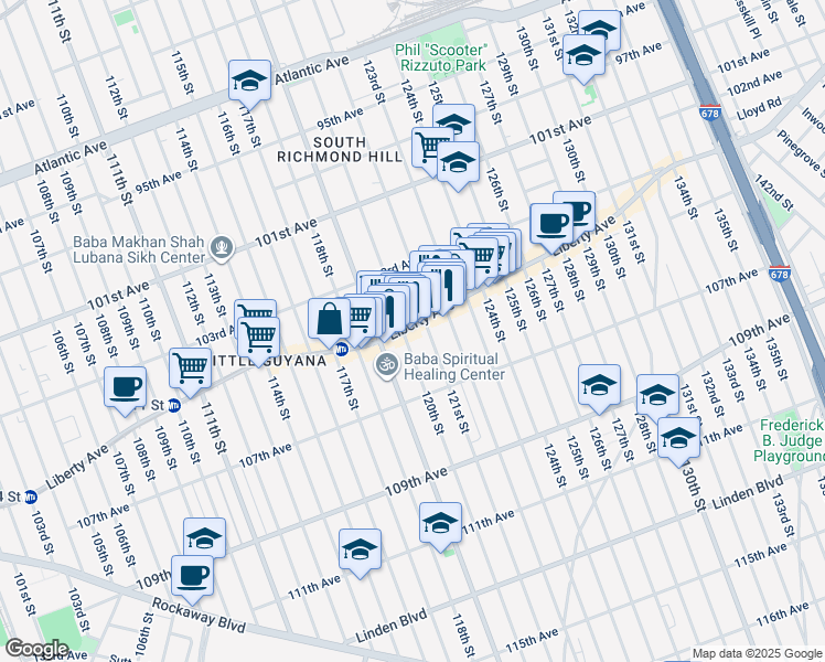 map of restaurants, bars, coffee shops, grocery stores, and more near 12004 Liberty Avenue in Queens