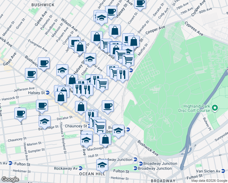map of restaurants, bars, coffee shops, grocery stores, and more near 760 Chauncey Street in Brooklyn