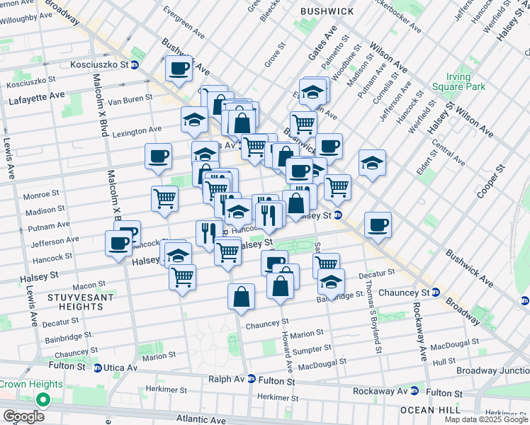 map of restaurants, bars, coffee shops, grocery stores, and more near 916 Jefferson Avenue in Brooklyn