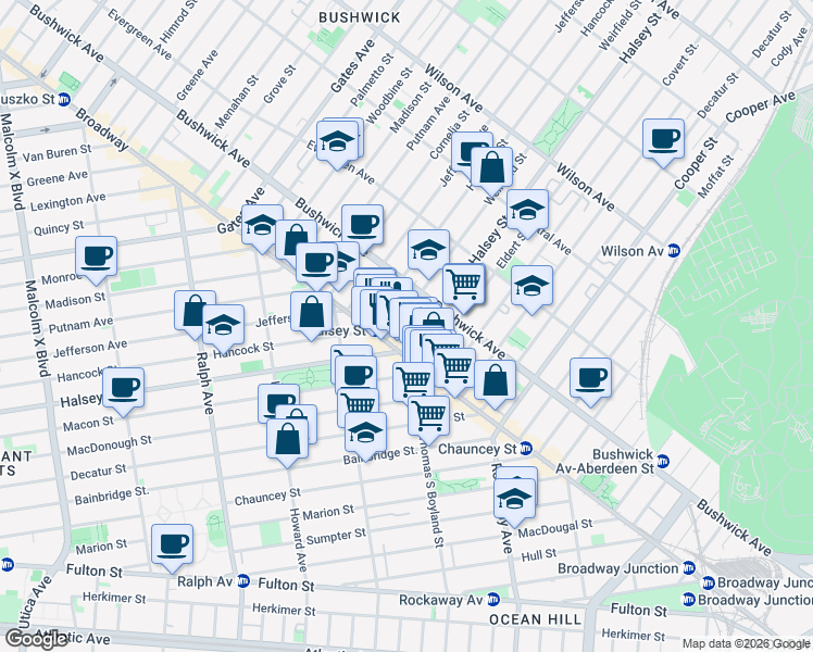 map of restaurants, bars, coffee shops, grocery stores, and more near 24 Weirfield Street in Brooklyn