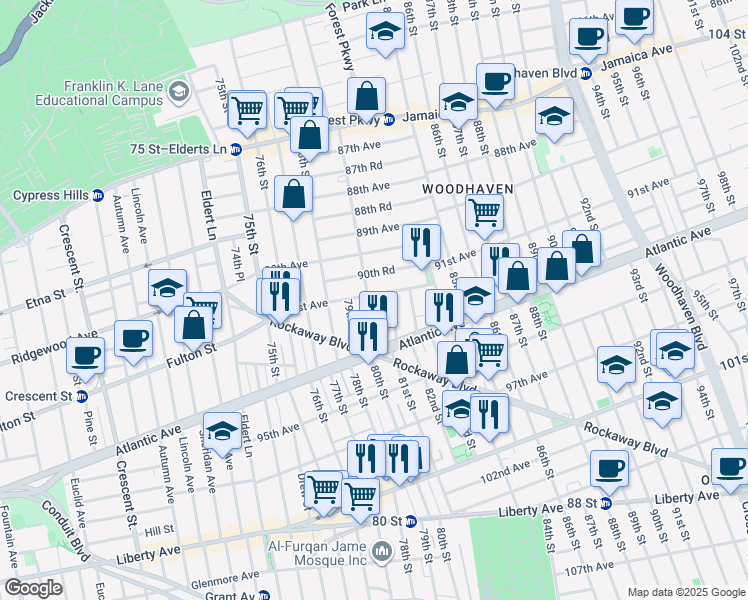 map of restaurants, bars, coffee shops, grocery stores, and more near 91-28 81st Street in Queens